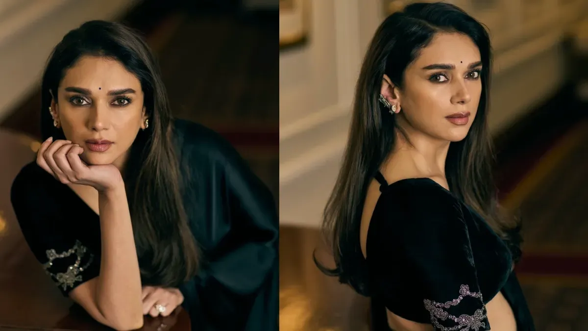 Aditi Rao Hydari smiling gracefully, perhaps in an elegant outfit that hints at her royal background.