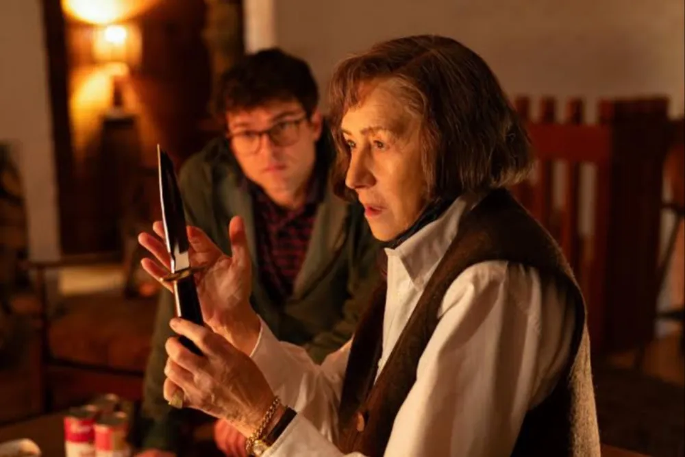 Helen Mirren looking intense and thoughtful as author Patricia Highsmith in the film 'A Talent for Murder'.