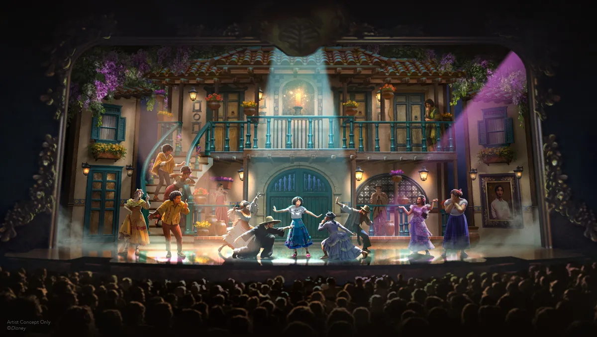 A colorful rendering of the Disney Cruise Line ship "Believe" at sea, with hints of "Encanto" characters and a vibrant, magical atmosphere.