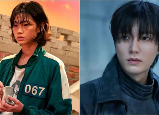 A collage of popular Korean actors Jung Ho-yeon, Lee Min-ho, and Wi Ha-joon smiling, with a subtle Bollywood dance background.