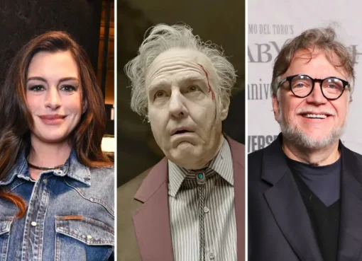 Anne Hathaway, Guillermo del Toro, and other stars passionately discussing a movie.