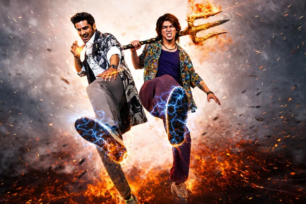Still from 'Demon Hunters' showing a dynamic action scene with colorful visuals, possibly a chase or fight.