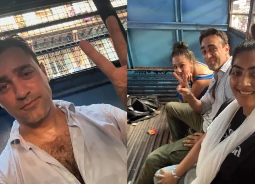 Actor Imran Khan looking relaxed and a bit amused inside a police van, taking a selfie.