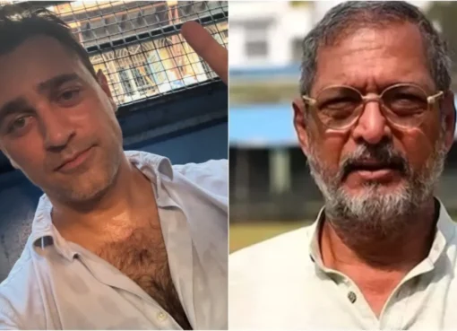 A split image showing actor Imran Khan and a somber portrait of Nana Patekar.