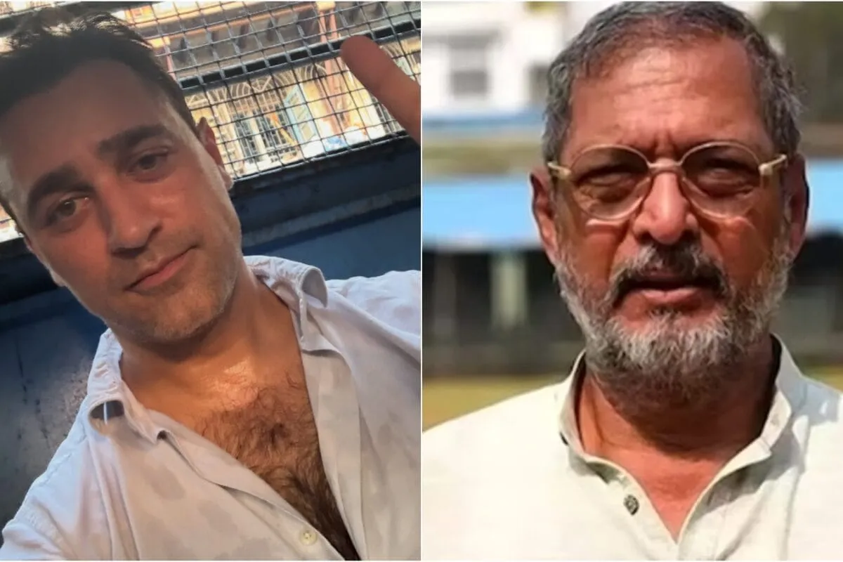 A split image showing actor Imran Khan and a somber portrait of Nana Patekar.