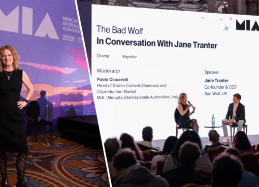 Jane Tranter, CEO of Bad Wolf, speaking passionately at a conference.