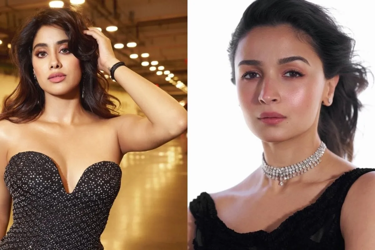 Collage of Janhvi Kapoor and Alia Bhatt smiling.