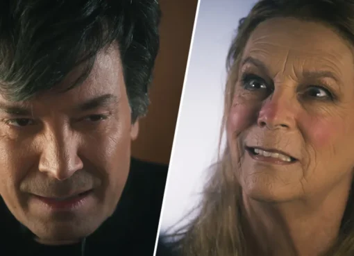 Jimmy Fallon in a suit and Jamie Lee Curtis with glasses and a black turtleneck.