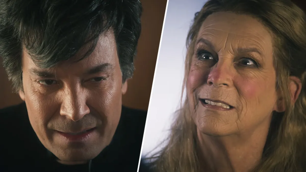 Jimmy Fallon in a suit and Jamie Lee Curtis with glasses and a black turtleneck.