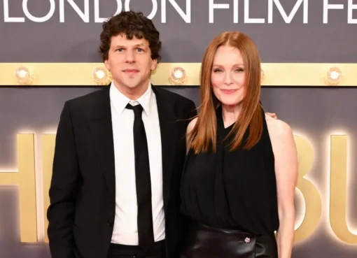 Julianne Moore and Jesse Eisenberg smiling together at the London Film Festival.