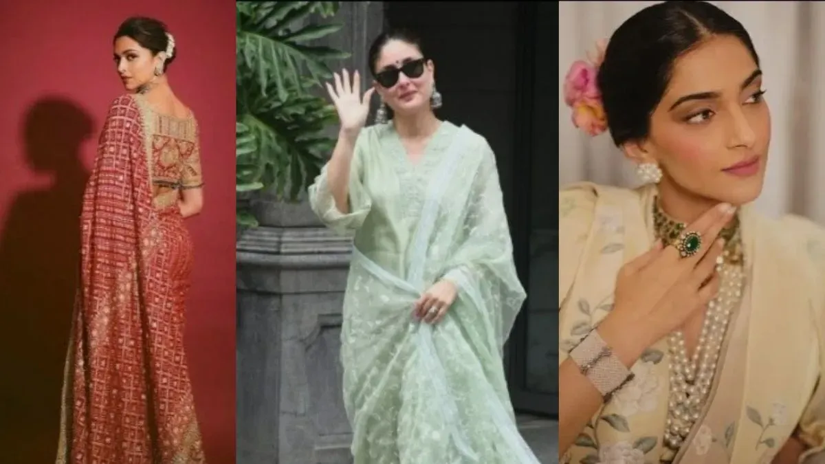 Deepika Padukone, Kareena Kapoor, and Sonam Kapoor in stunning festive Karwa Chauth outfits.