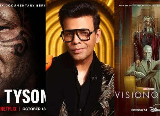Collage of show posters for Koffee With Karan, Tyson, and VisionQuest.