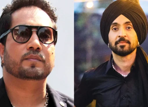 Mika Singh and Diljit Dosanjh looking thoughtful on separate backgrounds.
