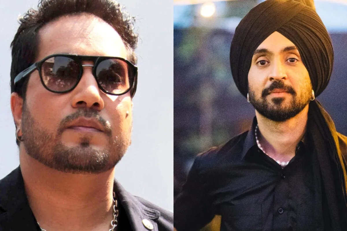 Mika Singh and Diljit Dosanjh looking thoughtful on separate backgrounds.