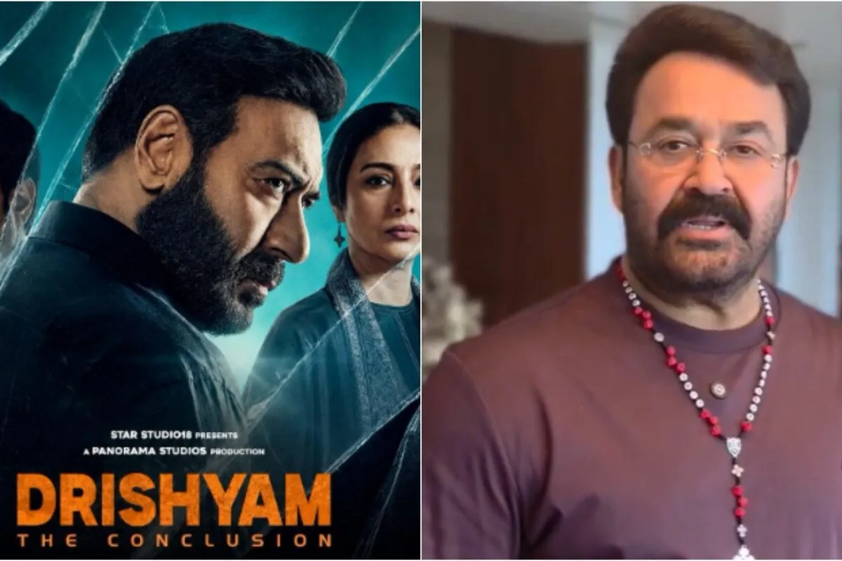 Actors Mohanlal and Ajay Devgn smiling.