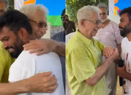 Naseeruddin Shah and Abhijeet Dipke shaking hands at a meeting.