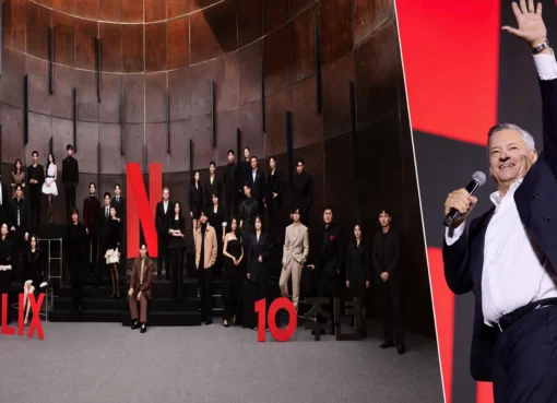 Ted Sarandos, co-CEO of Netflix, smiling on stage at an event in Seoul, South Korea.