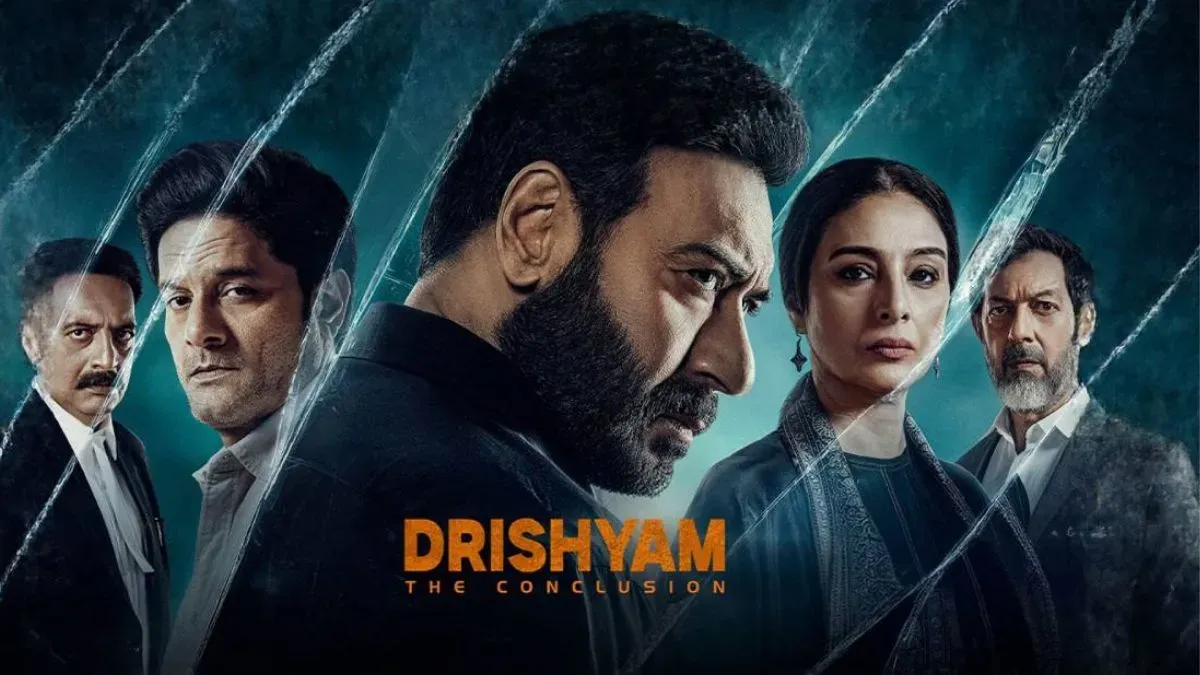 Ajay Devgn smiling in a movie poster for Drishyam 3.