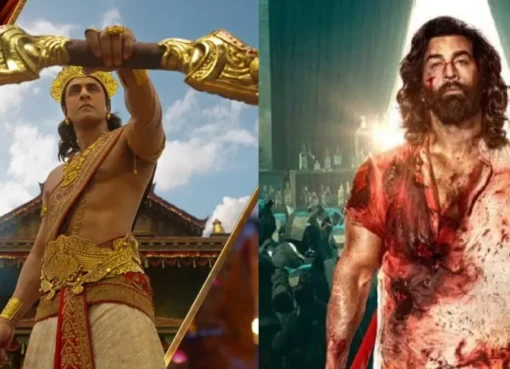 Ranbir Kapoor, Sai Pallavi, and Yash in a dramatic promotional image for the movie Ramayana.