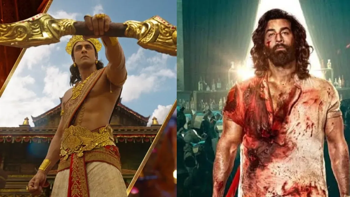 Ranbir Kapoor, Sai Pallavi, and Yash in a dramatic promotional image for the movie Ramayana.