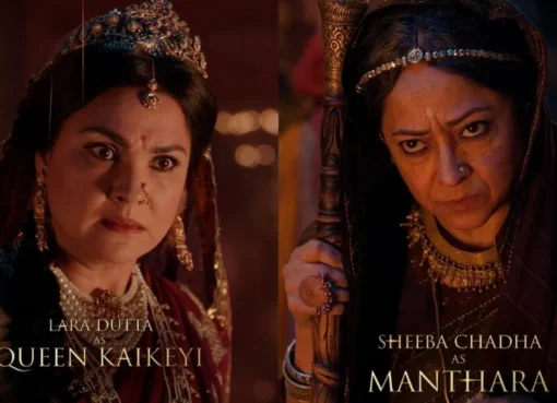 Character posters showing Lara Dutta as Queen Kaikeyi and Sheeba Chadha as Manthara for the upcoming Ramayana movie.