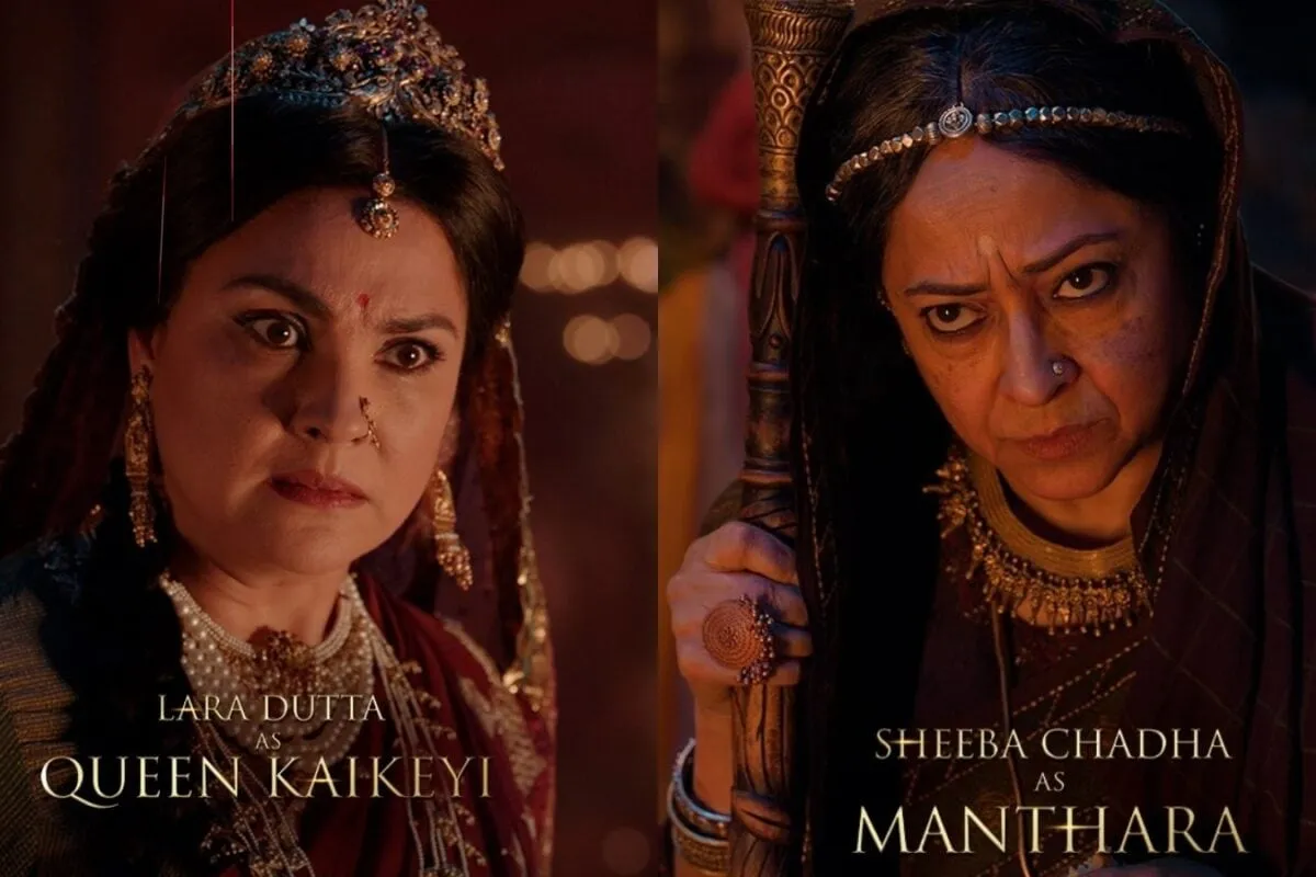 Character posters showing Lara Dutta as Queen Kaikeyi and Sheeba Chadha as Manthara for the upcoming Ramayana movie.
