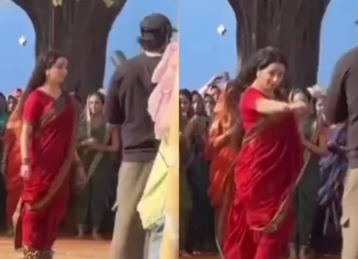 Shraddha Kapoor in a vibrant red saree, dancing in a behind-the-scenes clip for her movie 'Eetha'.