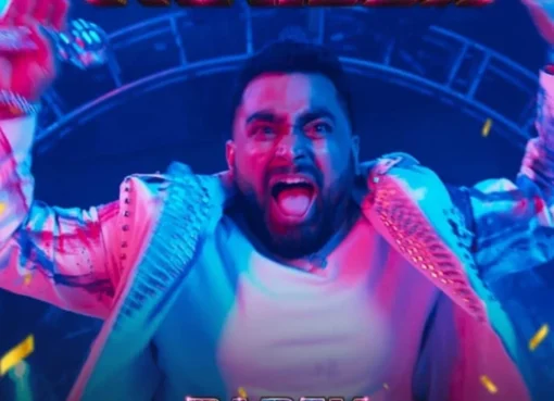 Viraj Ghelani laughing with his gang at a wild party, bright lights in the background.
