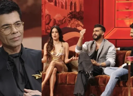Janhvi Kapoor and Varun Dhawan smiling and laughing on the colorful Koffee With Karan set.