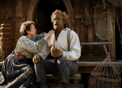 Olivia Colman, looking determined, in a still from the medieval drama 'Wicker'.