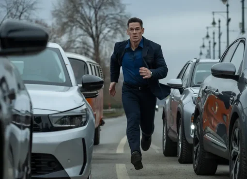 John Cena looking serious next to a toy car, from the 'Matchbox: The Movie' poster.