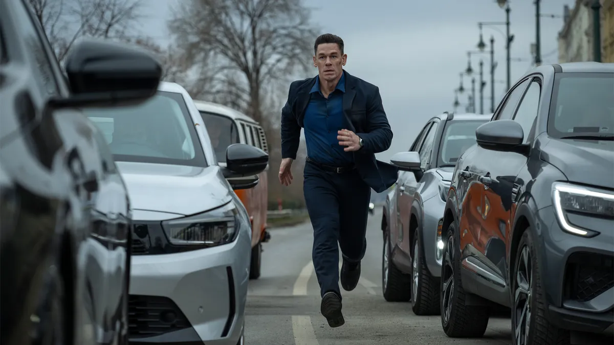 John Cena looking serious next to a toy car, from the 'Matchbox: The Movie' poster.
