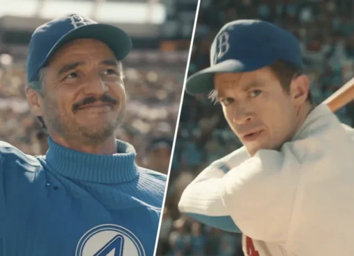 Pedro Pascal as Mister Fantastic throwing a baseball on a mound.