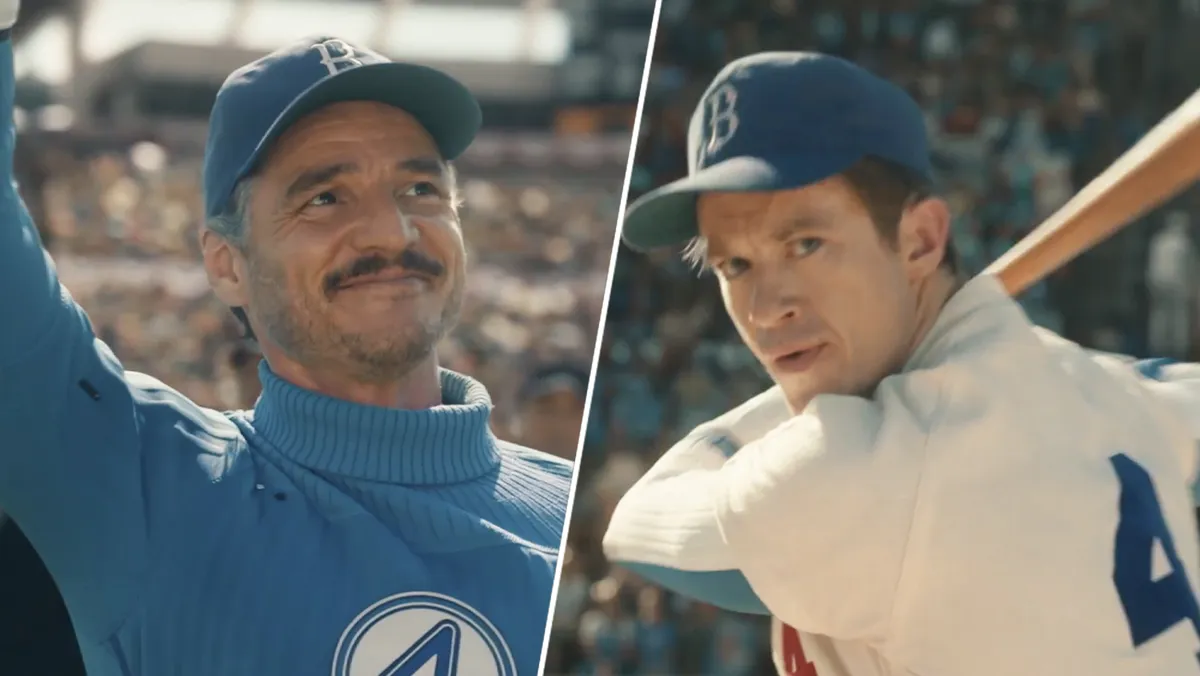Pedro Pascal as Mister Fantastic throwing a baseball on a mound.