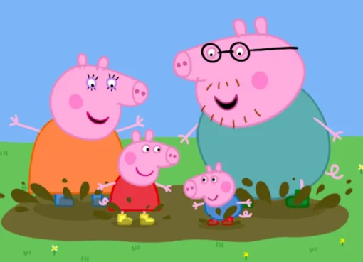 Kids playing in a colorful Peppa Pig-themed cafe.