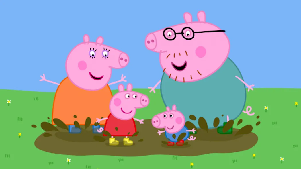 Kids playing in a colorful Peppa Pig-themed cafe.