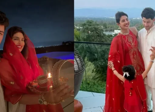 Priyanka Chopra and Nick Jonas celebrating Karwa Chauth, dressed in traditional attire.