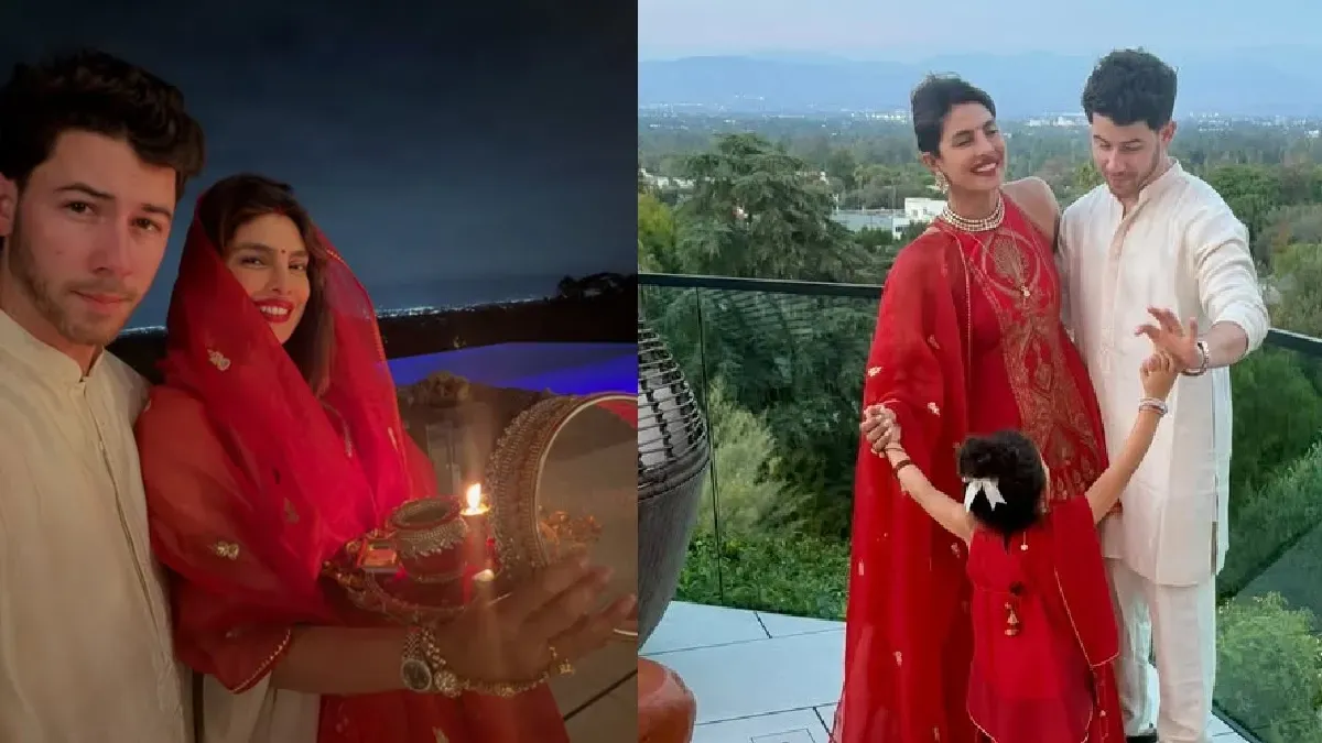 Priyanka Chopra and Nick Jonas celebrating Karwa Chauth, dressed in traditional attire.