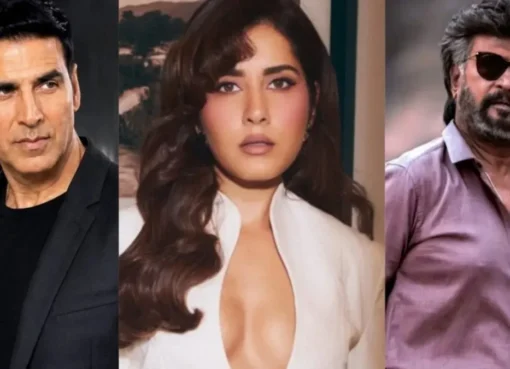 Raashii Khanna smiling brightly, standing between images of Rajinikanth and Akshay Kumar.