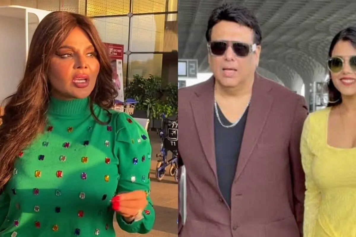 Rakhi Sawant looking dramatic and serious, perhaps pointing a finger or gesturing intensely.
