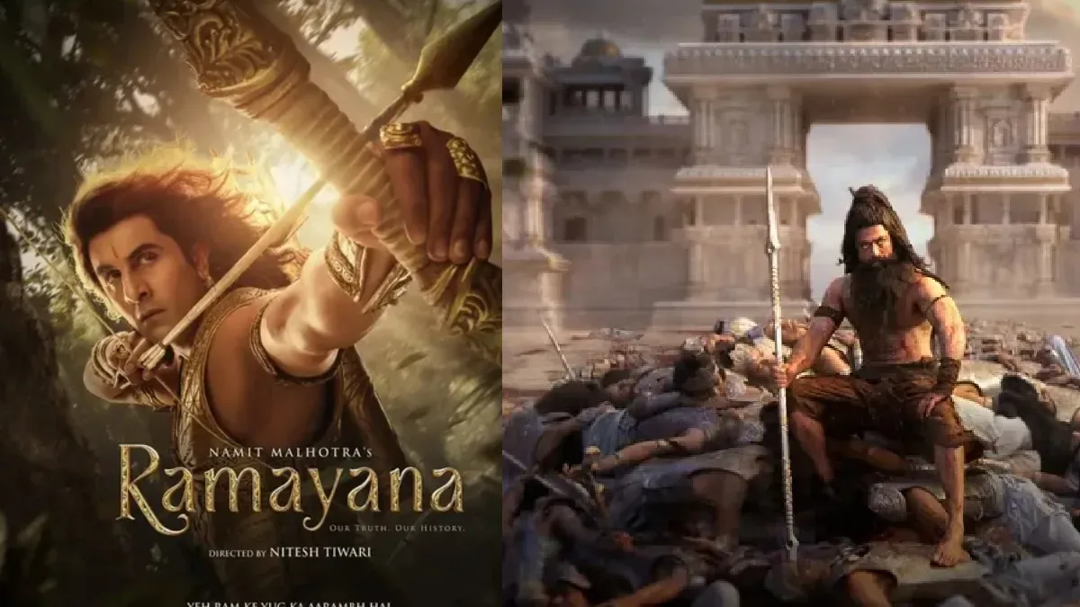 Ranbir Kapoor from the Ramayana movie poster, looking majestic and ready for action.