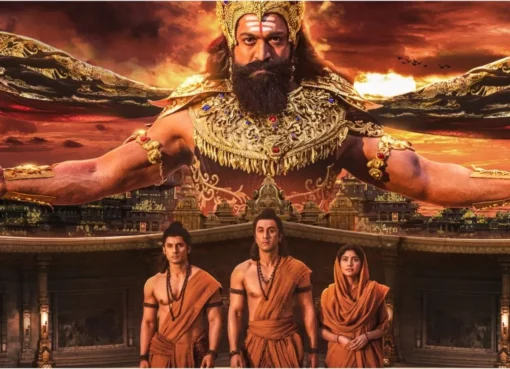 Ranbir Kapoor's Ramayana movie poster with grand, traditional artwork and vibrant colors.
