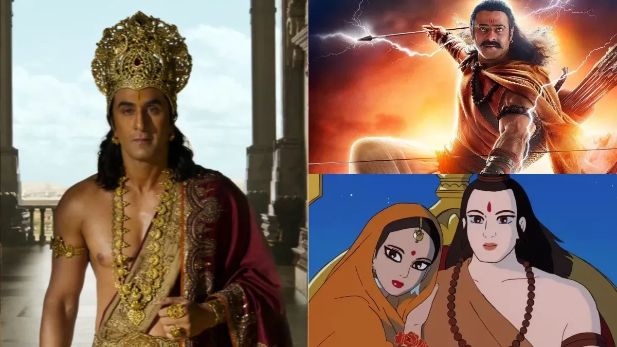 Collage of movie posters for various Ramayana-based films, including Adipurush, with Ranbir Kapoor's image subtly in the background.
