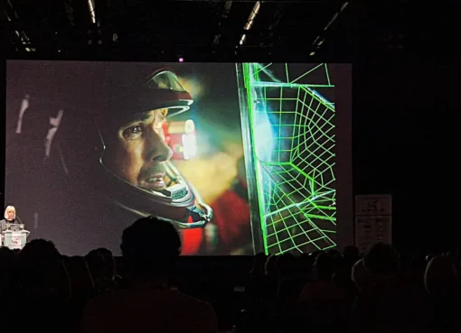 Ryan Gosling looking sleek in a spacesuit, floating effortlessly in a futuristic spaceship.