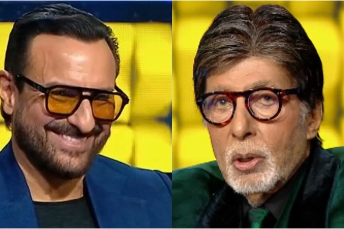 Saif Ali Khan smiling while speaking on a TV show.