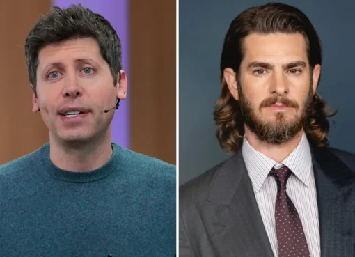 A split image showing Sam Altman on one side and Andrew Garfield on the other, both looking thoughtful and somewhat similar.