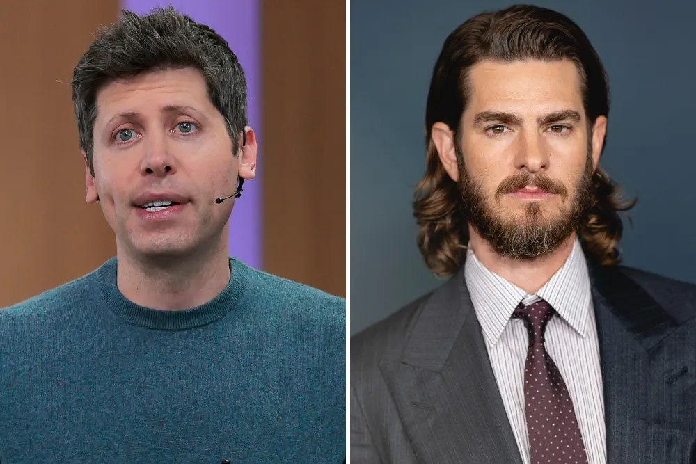 A split image showing Sam Altman on one side and Andrew Garfield on the other, both looking thoughtful and somewhat similar.