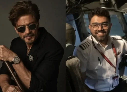 A collage showing Shah Rukh Khan and a commercial airplane in the sky.
