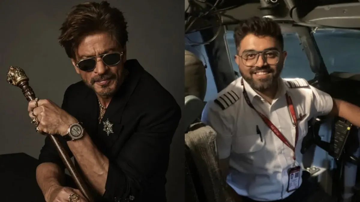 A collage showing Shah Rukh Khan and a commercial airplane in the sky.
