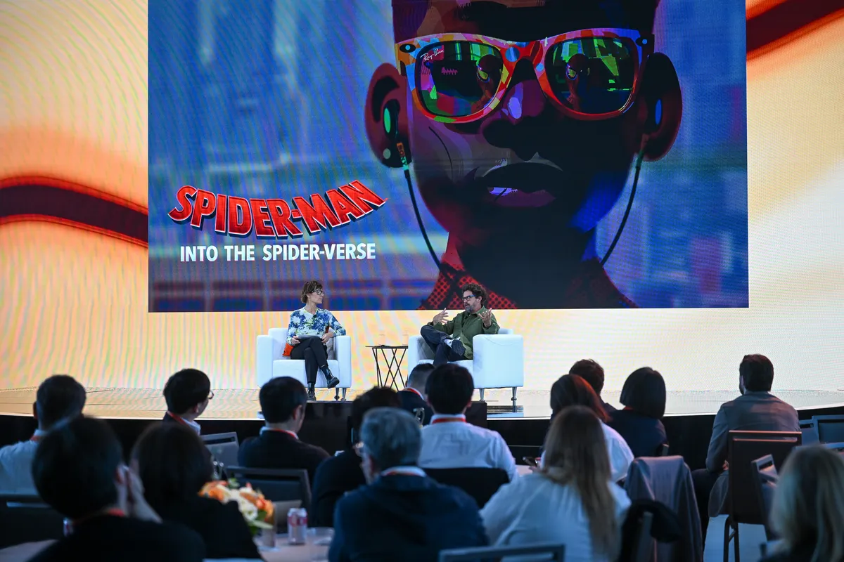 Animated illustration of Spider-Man swinging through a city.